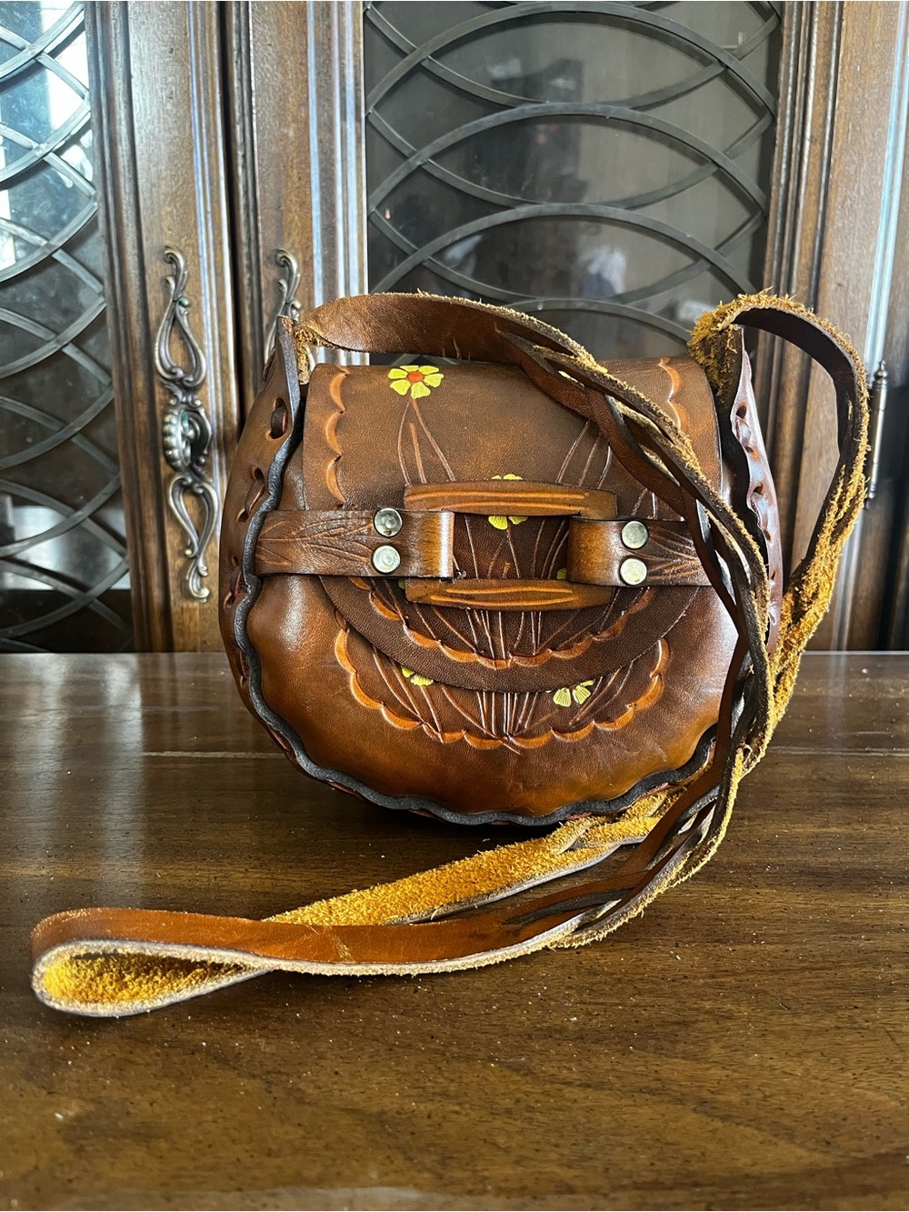 Vintage Brown Leather Crossbody Bag with Floral Detail